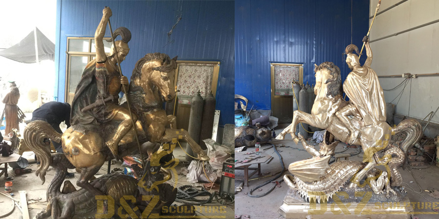 St George bronze sculprure killing dragon in stock