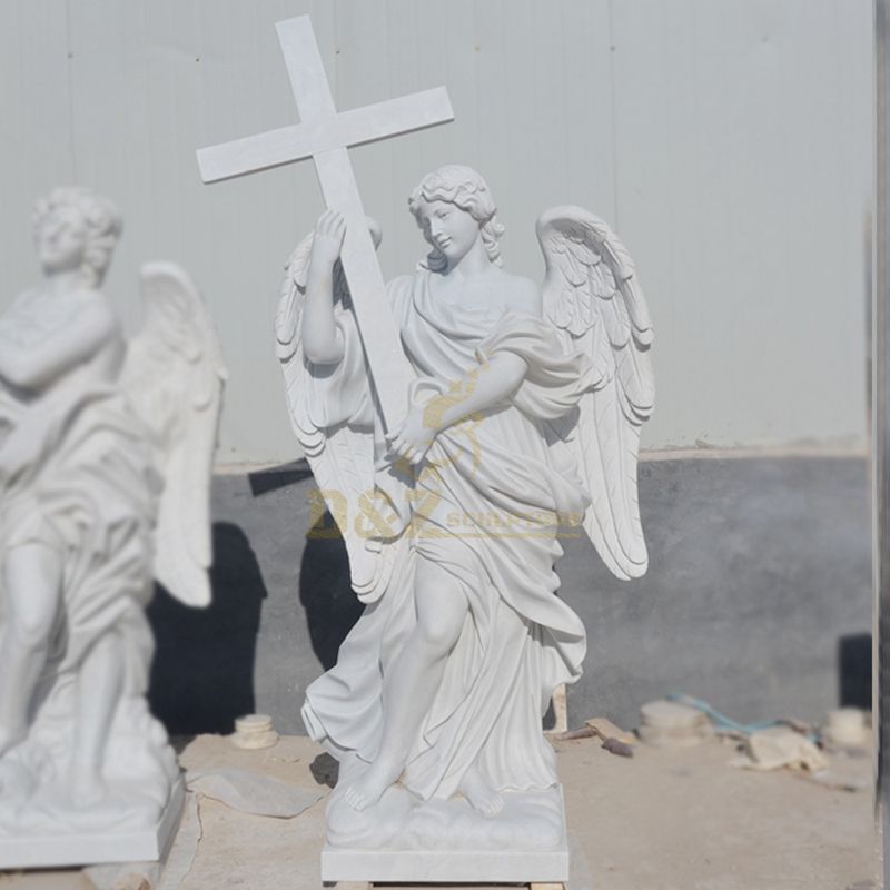 Life Size Stone Angel Sculpture Natural Marble Angel Holding Cross Statue