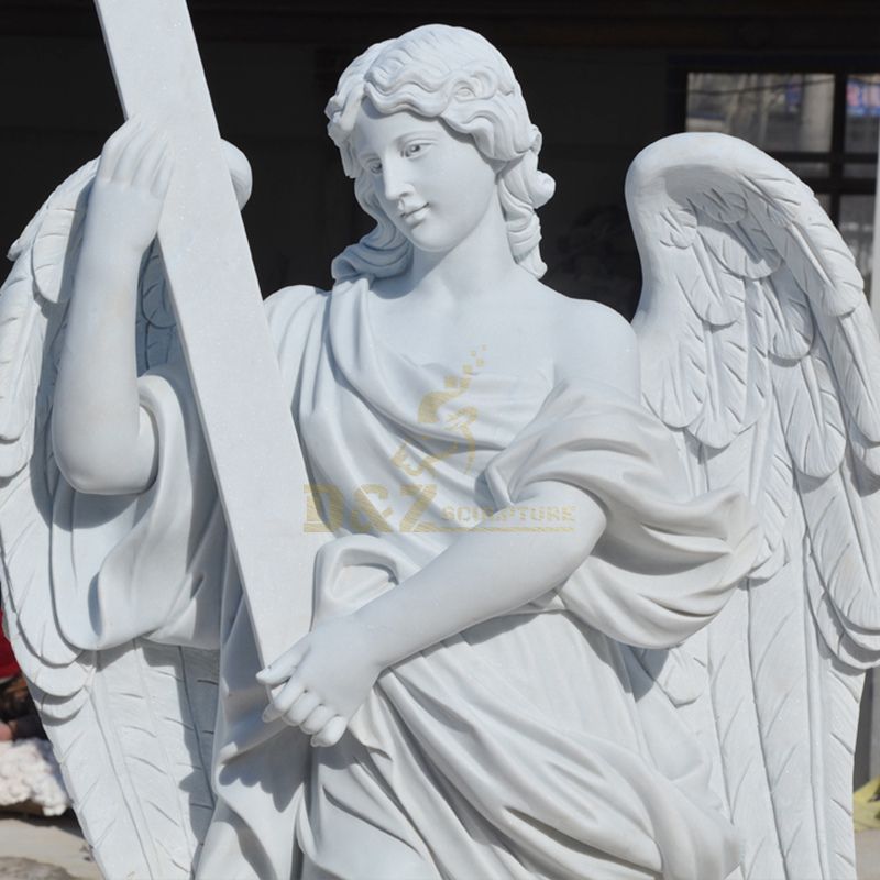 Hand Carved Natural Stone Marble Angel Cross Headstone Statue