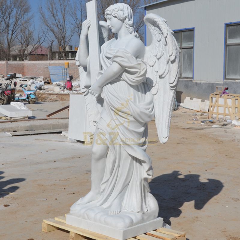 Hand Carved Natural Stone Marble Angel Cross Headstone Statue